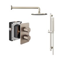 Abacus 2 Outlet Shower Valve with Fixed Round Shower Head, Wall Arm & Riser Kit - Brushed Nickel