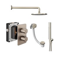 Abacus 3 Outlet Shower Valve with Fixed Round Shower Head, Wall Arm, Handset & Bath Filler - Brushed Nickel