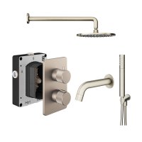 Abacus 3 Outlet Shower Valve Knurled Accents Shower Valve with Fixed Square Shower Head, Wall Arm, Handset & Bath Spout - Brushed Nickel