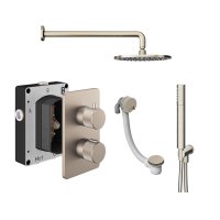 Abacus 3 Outlet Shower Valve Knurled Accents Shower Valve with Fixed Square Shower Head, Wall Arm, Handset & Bath Filler - Brushed Nickel