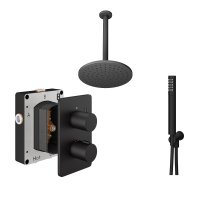 Abacus 2 Outlet Shower Valve with Fixed Round Shower Head, Ceiling Arm & Handset - Matt Black