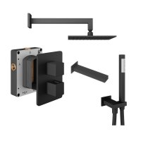 Abacus 3 Outlet Shower Valve with Fixed Square Shower Head, Wall Arm, Handset & Bath Spout - Matt Black