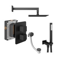 Abacus 3 Outlet Shower Valve with Fixed Square Shower Head, Wall Arm, Handset & Bath Filler - Matt Black