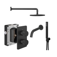 Abacus 3 Outlet Shower Valve Knurled Accents Shower Valve with Fixed Square Shower Head, Wall Arm, Handset & Bath Spout - Matt Black