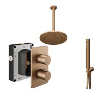 Abacus 2 Outlet Shower Valve with Fixed Round Shower Head, Ceiling Arm & Handset - Brushed Bronze