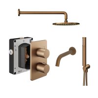 Abacus 3 Outlet Shower Valve with Fixed Round Shower Head, Wall Arm, Handset & Bath Spout - Brushed Bronze