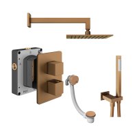 Abacus 3 Outlet Shower Valve with Fixed Square Shower Head, Wall Arm, Handset & Bath Filler - Brushed Bronze