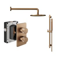 Abacus 2 Outlet Shower Valve Knurled Accents Shower Valve with Fixed Square Shower Head, Wall Arm & Riser Kit - Brushed Bronze