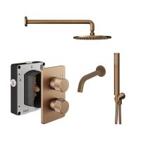 Abacus 3 Outlet Shower Valve Knurled Accents Shower Valve with Fixed Square Shower Head, Wall Arm, Handset & Bath Spout - Brushed Bronze