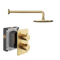 Abacus 1 Outlet Shower Valve with Fixed Round Shower Head & Wall Arm - Brushed Brass