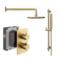 Abacus 2 Outlet Shower Valve with Fixed Round Shower Head, Wall Arm & Riser Kit - Brushed Brass