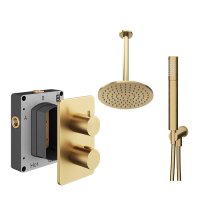 Abacus 2 Outlet Shower Valve with Fixed Round Shower Head, Ceiling Arm & Handset - Brushed Brass