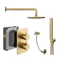 Abacus 3 Outlet Shower Valve with Fixed Round Shower Head, Wall Arm, Handset & Bath Filler - Brushed Brass