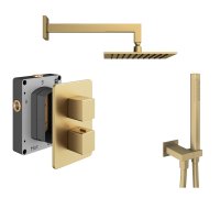 Abacus 2 Outlet Shower Valve with Fixed Square Shower Head, Wall Arm & Handset - Brushed Brass