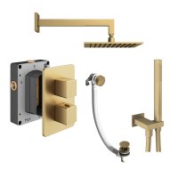 Abacus 3 Outlet Shower Valve with Fixed Square Shower Head, Wall Arm, Handset & Bath Filler - Brushed Brass