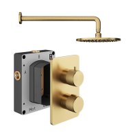 Abacus 1 Outlet Shower Valve Knurled Accents Shower Valve with Fixed Square Shower Head & Wall Arm - Brushed Brass