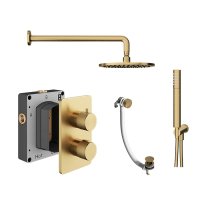 Abacus 3 Outlet Shower Valve Knurled Accents Shower Valve with Fixed Square Shower Head, Wall Arm, Handset & Bath Filler - Brushed Brass