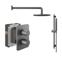 Abacus 2 Outlet Shower Valve with Fixed Round Shower Head, Wall Arm & Riser Kit - Anthracite