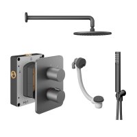 Abacus 3 Outlet Shower Valve with Fixed Round Shower Head, Wall Arm, Handset & Bath Filler - Anthracite