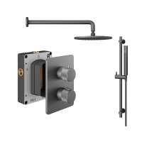 Abacus 2 Outlet Shower Valve Knurled Accents Shower Valve with Fixed Square Shower Head, Wall Arm & Riser Kit - Anthracite