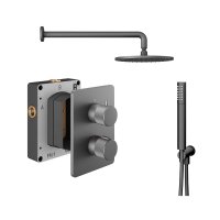 Abacus 2 Outlet Shower Valve Knurled Accents Shower Valve with Fixed Square Shower Head, Wall Arm & Handset - Anthracite