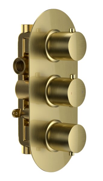 The White Space Lozenge Shape 3 Handle Dual Outlet Thermostatic Shower Valve - Brushed Brass