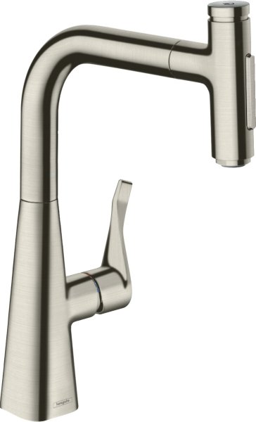 Hansgrohe Metris Select M71 Single Lever Kitchen Mixer 240 with Pull-Out Spray & Sbox, 2 Spray Modes - Stainless Steel Finish