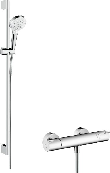 Hansgrohe Crometta Shower System 100 Vario with Ecostat 1001 Cl Thermostatic Mixer & Shower Rail 90cm - White/Chrome