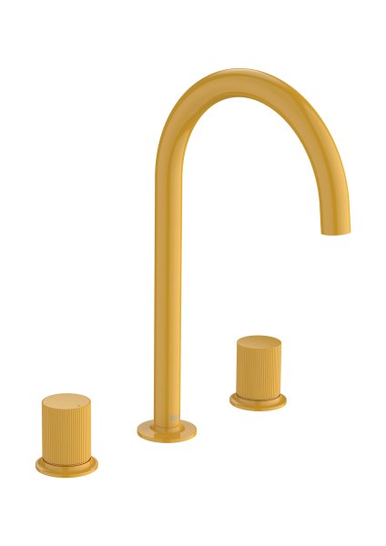 Roca Nu Large Deck-Mounted 3 Hole Basin Mixer with Stripe Handle - Honey Yellow