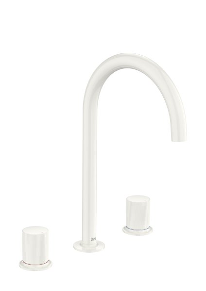 Roca Nu Large Deck-Mounted 3 Hole Basin Mixer with Stripe Handle - Gloss White