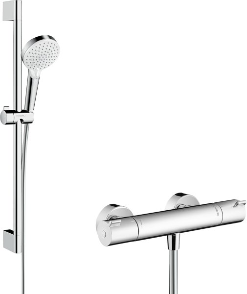 Hansgrohe Crometta Shower System 100 Vario with Ecostat 1001 Cl Thermostatic Mixer & Shower Rail 65cm - White/Chrome