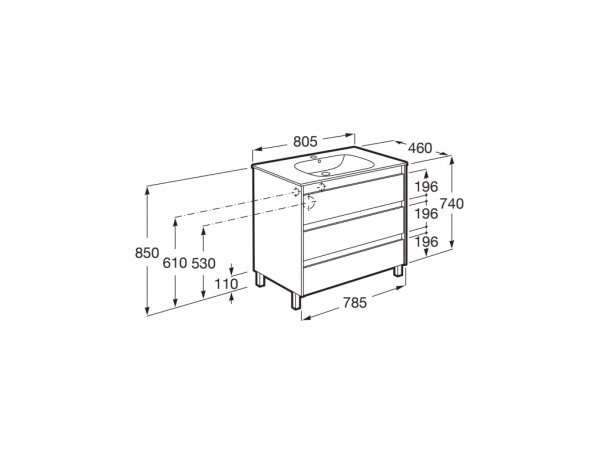 Roca Tenet Walnut 800x460mm 3 Drawer Vanity Unit Basin Legs | Bathroom ...