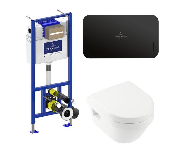 Villeroy & Boch Architectura Wall-Hung Toilet, Seat, Frame & Matt Black Flush Plate Combi-Pack