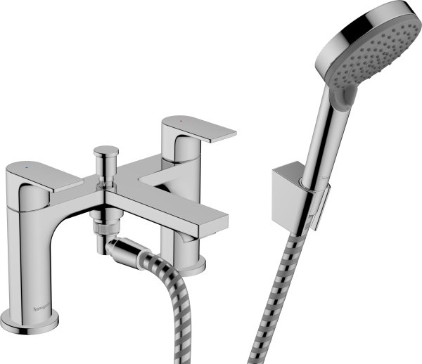 Hansgrohe Rebris E 2-Hole Rim Mounted Bath Mixer with Diverter Valve & Vernis Blend Hand Shower Vario - Chrome