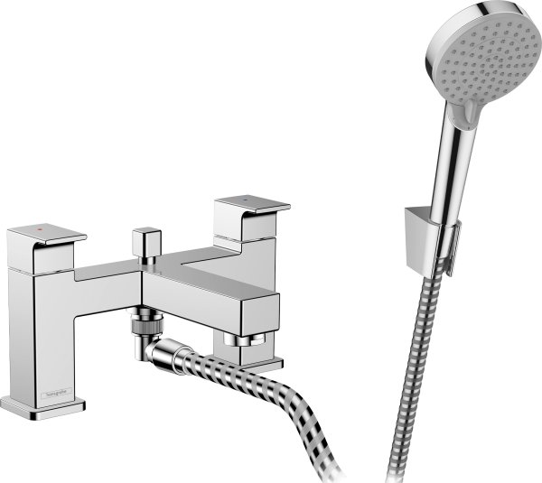 Hansgrohe Vernis Shape 2-Hole Rim Mounted Bath Mixer with Diverter Valve & Vernis Blend Hand Shower Vario - Chrome