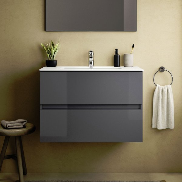 Ideal Standard Eurovit+ 80cm Wall Mounted Vanity Unit with 2 Drawers - Mid Grey