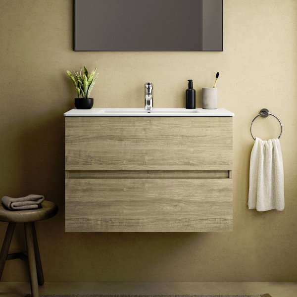 Ideal Standard Eurovit+ 80cm Wall Mounted Vanity Unit with 2 Drawers - Natural Oak