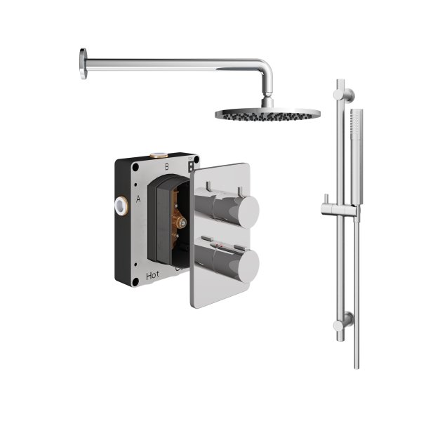 Abacus 2 Outlet Shower Valve with Fixed Round Shower Head, Wall Arm & Riser Kit - Chrome