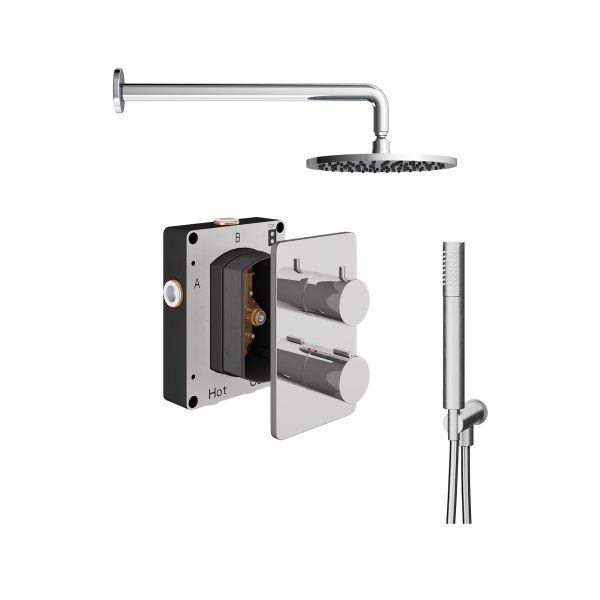 Abacus 2 Outlet Shower Valve with Fixed Round Shower Head, Wall Arm & Handset - Chrome