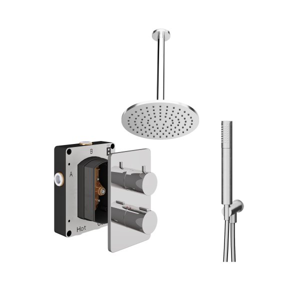 Abacus 2 Outlet Shower Valve with Fixed Round Shower Head, Ceiling Arm & Handset - Chrome