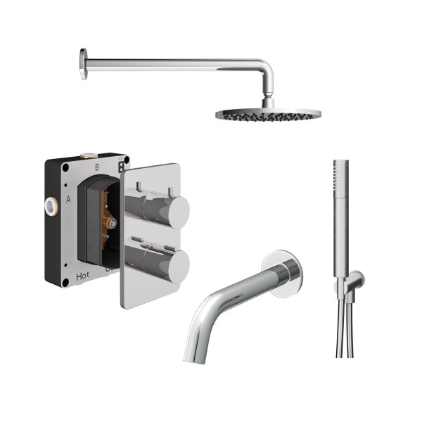 Abacus 3 Outlet Shower Valve with Fixed Round Shower Head, Wall Arm, Handset & Bath Spout - Chrome