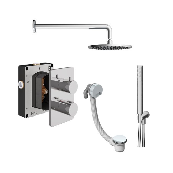 Abacus 3 Outlet Shower Valve with Fixed Round Shower Head, Wall Arm, Handset & Bath Filler - Chrome