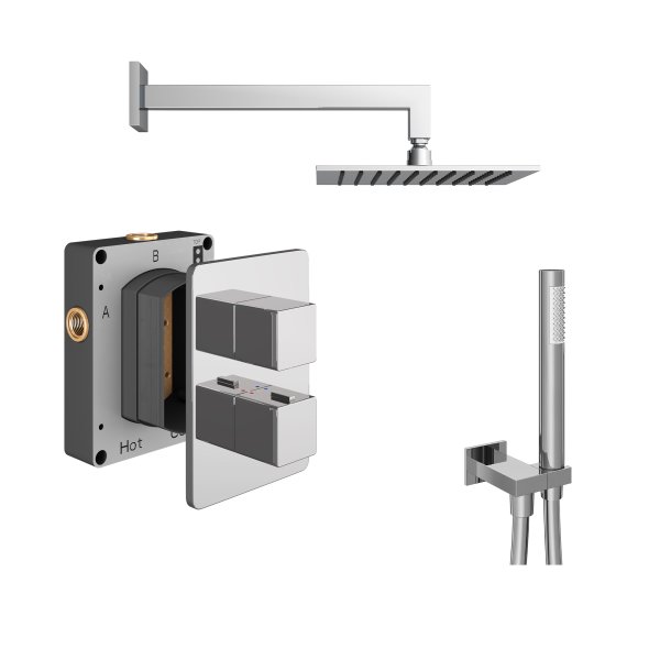 Abacus 2 Outlet Shower Valve with Fixed Square Shower Head, Wall Arm & Handset - Chrome