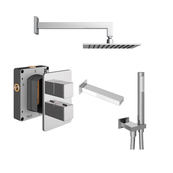 Abacus 3 Outlet Shower Valve with Fixed Square Shower Head, Wall Arm, Handset & Bath Spout - Chrome