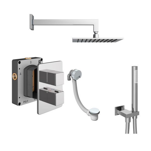 Abacus 3 Outlet Shower Valve with Fixed Square Shower Head, Wall Arm, Handset & Bath Filler - Chrome