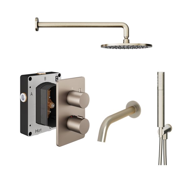 Abacus 3 Outlet Shower Valve with Fixed Round Shower Head, Wall Arm, Handset & Bath Spout - Brushed Nickel