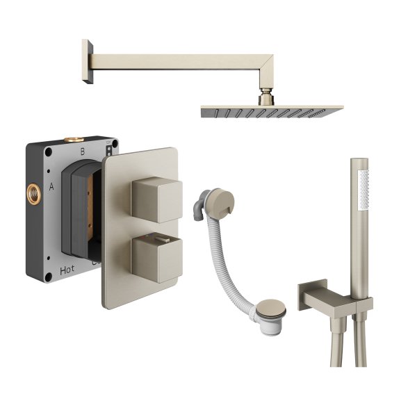 Abacus 3 Outlet Shower Valve with Fixed Square Shower Head, Wall Arm, Handset & Bath Filler - Brushed Nickel