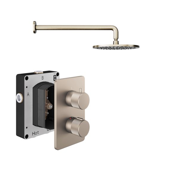 Abacus 1 Outlet Shower Valve Knurled Accents Shower Valve with Fixed Square Shower Head & Wall Arm - Brushed Nickel