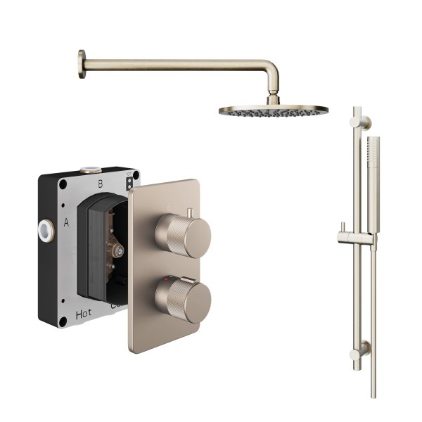 Abacus 2 Outlet Shower Valve Knurled Accents Shower Valve with Fixed Square Shower Head, Wall Arm & Riser Kit - Brushed Nickel