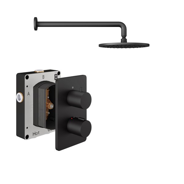 Abacus 1 Outlet Shower Valve with Fixed Round Shower Head & Wall Arm - Matt Black